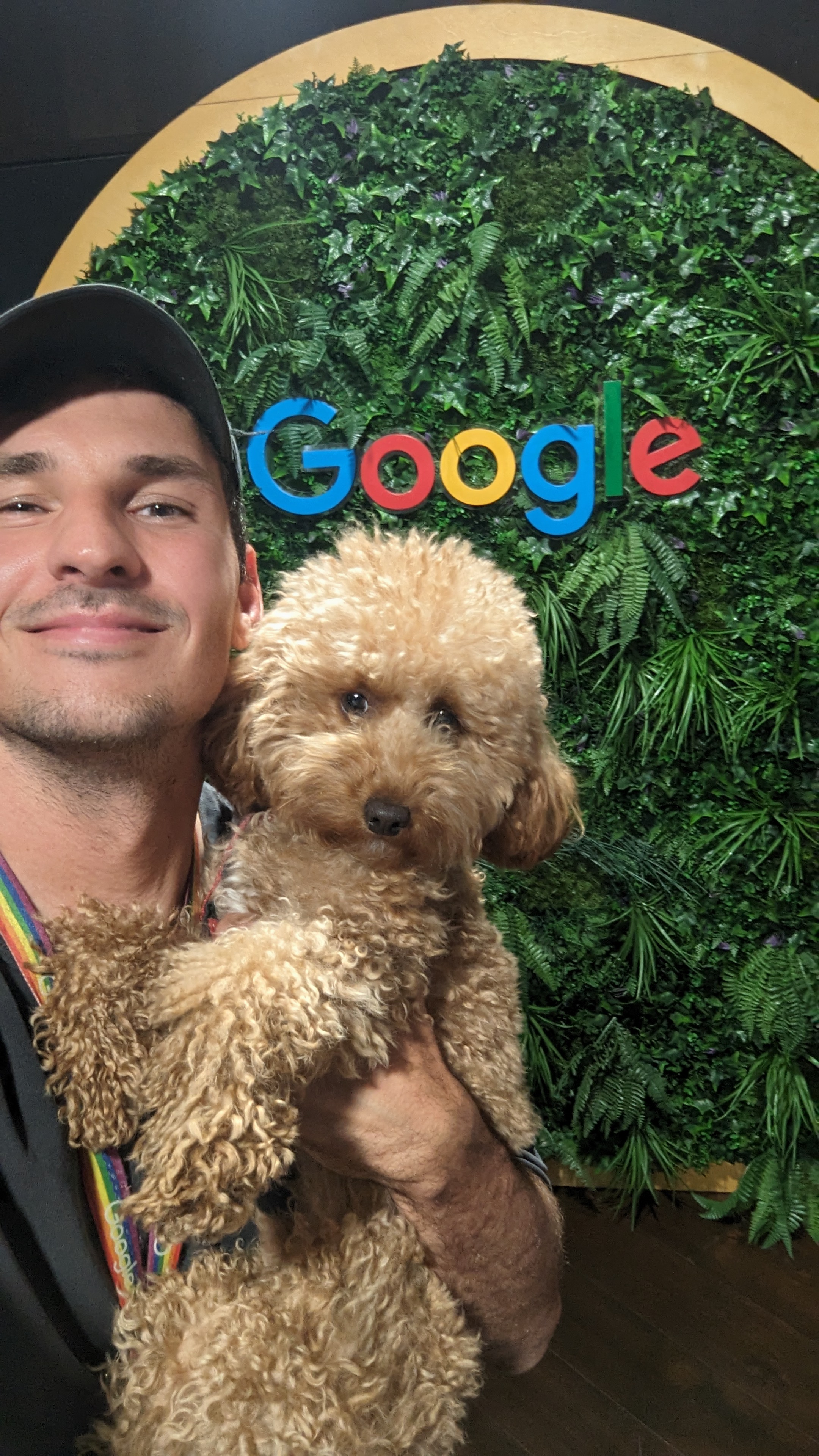 Tadej holding Lex the poodle in front of the Google logo wall at the Google Dublin office